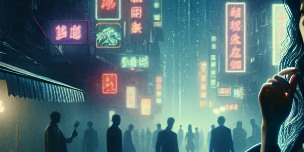 A young woman in a dimly lit city street reflects on urban struggles and emotional complexity.