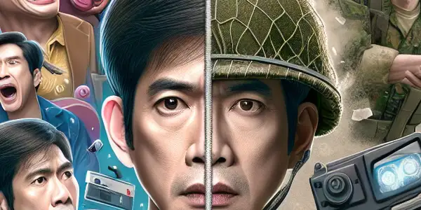 A split image showcasing Fan Wei's evolution from a comedic character in a vibrant scene to a serious, reflective role in a war-torn landscape.