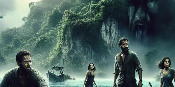 A tense group of survivors on a desolate island, surrounded by dark jungle and ominous shadows.