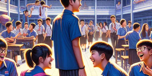 A lively Thai high school courtyard scene with diverse students sharing emotions and friendships under a bright blue sky.