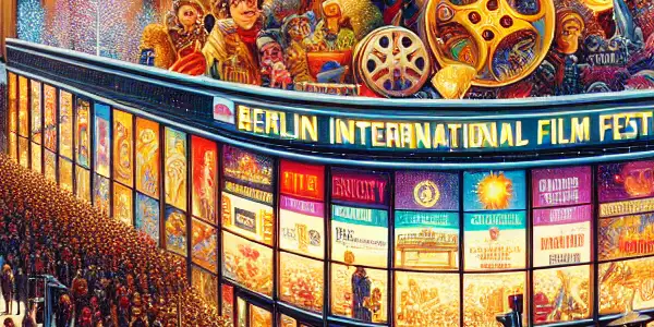 A lively gathering of cinema lovers at the Berlin International Film Festival, featuring iconic landmarks and festive winter atmosphere.
