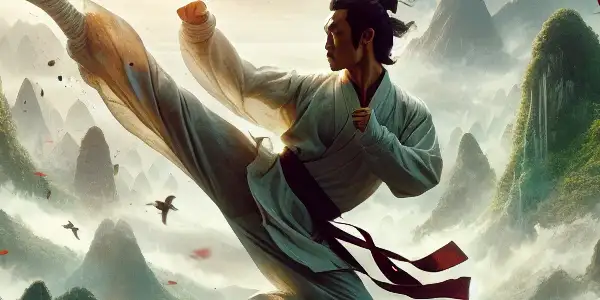 A martial artist performs a mid-air kick in a misty landscape with ancient architecture and modern city hints.