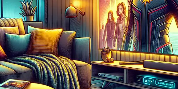 A cozy modern home cinema with a large screen, plush couch, popcorn, and a starry night view.