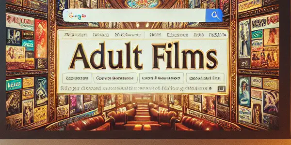 A cozy home office with a computer displaying classic adult video search keywords and vintage movie posters.