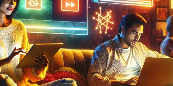 A cozy living room with diverse adults viewing adult content responsibly on devices, emphasizing online safety and comfort.