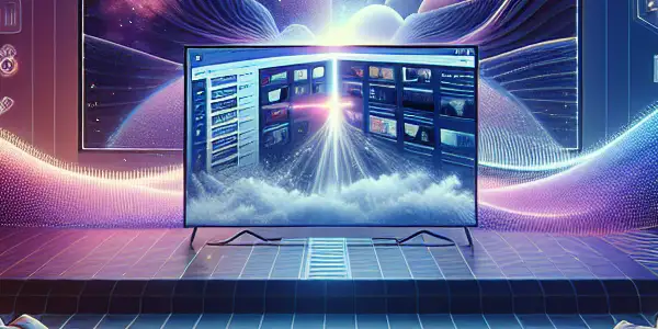 A modern home entertainment space featuring a high-definition screen and digital privacy elements, creating an intimate atmosphere.