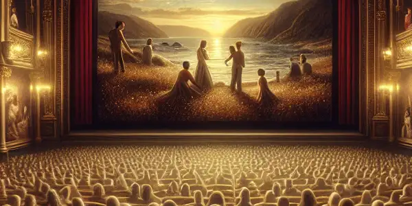 A luxurious movie theater filled with an engaged audience watching a romantic film, surrounded by ornate decor and soft lighting.