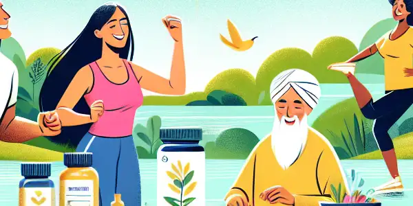 A lively outdoor scene with diverse people jogging, practicing yoga, and sharing healthy meals amidst lush greenery and sunlight.