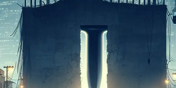 A solitary figure stands defiantly before a dilapidated building, embodying resilience against oppression in a twilight cityscape.