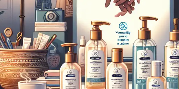 A serene bedroom scene featuring premium virus-free lubricant bottles, surrounded by flowers and soft fabrics, evoking safety and intimacy.