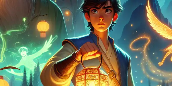 A brave young man holds a glowing Lotus Lantern amidst mythical creatures and an enchanted forest, facing a stern challenger.