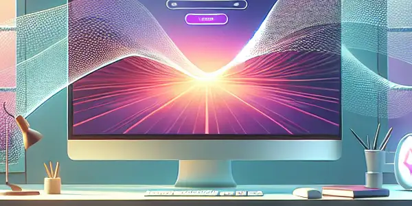 A modern workspace with a sleek computer, serene cityscape, and glowing VPN device, symbolizing effortless online browsing.