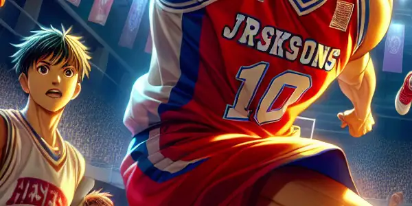 Hanamichi Sakuragi leaps for a slam dunk amidst a vibrant basketball showdown, with cheering fans and intense competition.