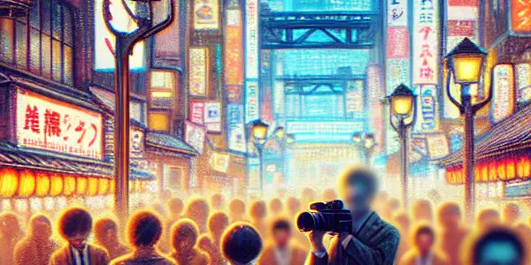 A vibrant urban scene depicting Japan's adult video culture, blending pop culture with themes of privacy and legality.