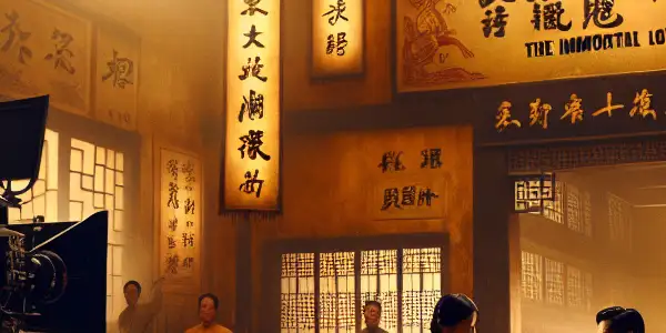 A nostalgic 1950s film studio scene featuring martial artists in a dynamic duel, surrounded by vintage film posters.