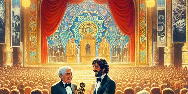 A grand award ceremony celebrating Chinese cinema, featuring filmmakers, awards, and iconic film motifs in a vibrant auditorium.