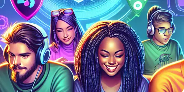 A lively gaming lounge scene with diverse gamers enjoying secure online payments amidst vibrant graphics and a sense of community.