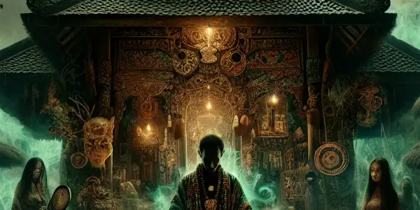 A voodoo practitioner performs a ritual in a dimly lit Southeast Asian village, surrounded by mystical symbols and a lurking ghostly figure.