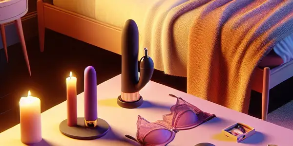 A cozy bedroom setting for couples, featuring intimacy products, soft lighting, and romantic decor.