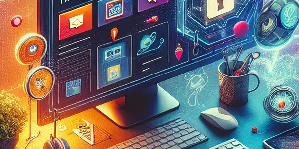 A vibrant workspace featuring a computer displaying an adult content platform, surrounded by creative tools and symbols of privacy.