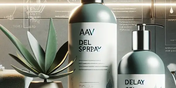 A modern bathroom featuring AV delay products, including sprays and gels, with natural elements and a relaxing atmosphere.