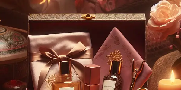 A romantic scene featuring a luxurious gift set surrounded by rose petals and a couple sharing a tender moment.