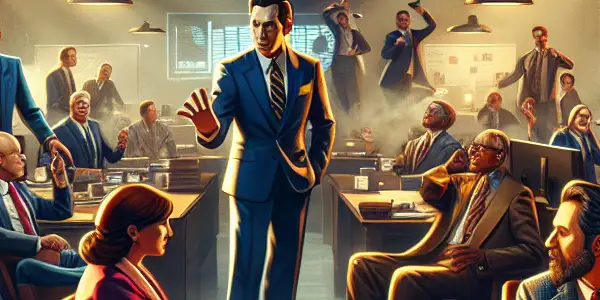 A dynamic office scene with diverse salespeople engaged in negotiations and discussions, led by a passionate sales manager.