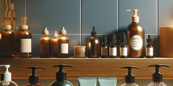 A cozy bathroom setting featuring various safe sexual lubricant bottles on a wooden shelf, emphasizing comfort and intimacy.