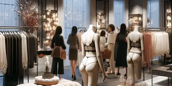 A contemporary lingerie boutique showcasing elegant styles and inviting atmosphere, with shoppers exploring the latest trends.