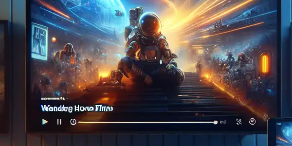 A cozy living room featuring a digital movie platform on multiple devices, showcasing various film genres and recommendations.