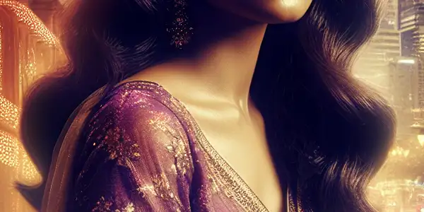 A beautifully dressed woman stands at twilight on a bustling city street, reflecting on love and inner conflict.