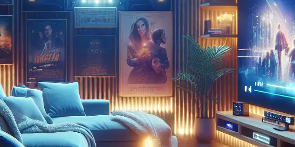 A cozy home theater with a large TV, popcorn, movie posters, and a laptop displaying a streaming platform.