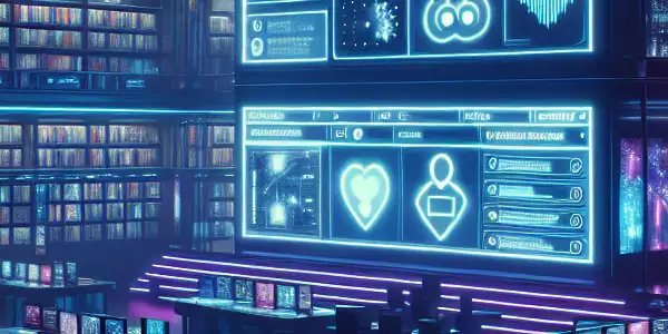 A modern digital library showcasing organized multimedia resources with labeled shelves and illuminated by soft neon lights.