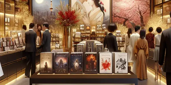 A stylish adult boutique showcasing classic Japanese AV films with diverse customers browsing in a warm, inviting atmosphere.