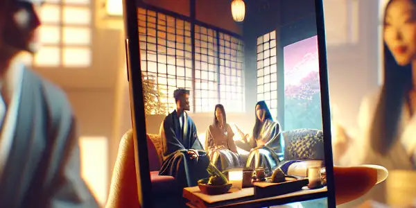 A cozy room with a smartphone displaying colorful adult film frames, featuring a couple and Japanese cultural elements.