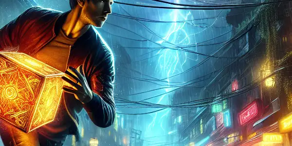 A determined young adult races through neon-lit urban streets, pursued by shadowy figures while holding a mysterious, glowing package.