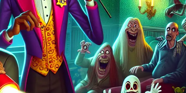 A terrified man fumbles with a flashlight in a whimsical haunted house, surrounded by playful ghosts and chaotic antics.