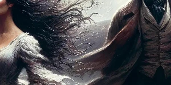 Heathcliff and Catherine stand on stormy moors, expressing deep emotion amidst turbulent love and gothic elements.