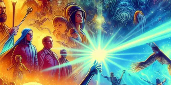 A lively movie theater scene with excited audiences watching action-packed moments from "Avengers: Infinity War" and "Aquaman."