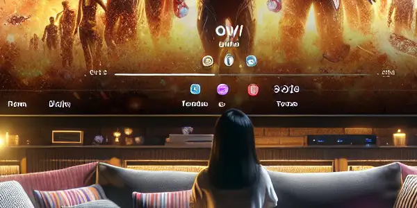 A cozy living room with a person watching a film on a large screen, featuring a smartphone and popcorn.