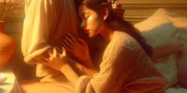 A cozy room filled with warmth, featuring a couple sharing a tender moment, symbolizing love and family.