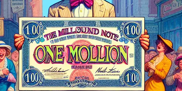 A charming young man in ragged clothes holds a giant banknote in a bustling, vintage city street.