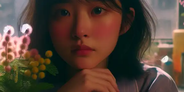 A young girl in a sunlit room surrounded by mimosa plants, reflecting on her journey of sensitivity and growth.