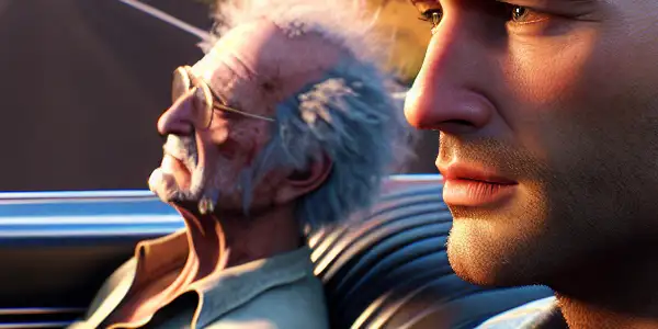 A heartfelt road trip scene featuring Charlie and Raymond in a vintage convertible on a sunlit highway.