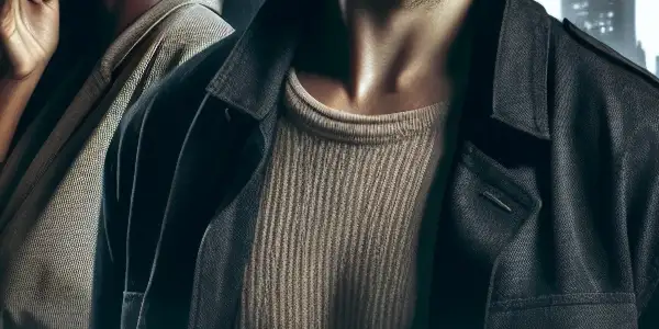 A determined male protagonist and a vulnerable female lead stand in a tense, urban environment amidst demolition and vibrant street life.