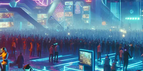 A futuristic adult entertainment expo in 2026, featuring VR experiences, interactive booths, and neon-lit performances.