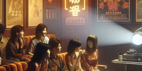 A nostalgic 1980s cinema scene with friends discussing films, vintage decor, and warm, inviting lighting.