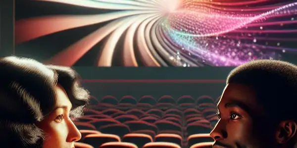 A stylish couple in a vintage cinema, engaging playfully amidst a warm, intimate atmosphere and abstract cinematic imagery.