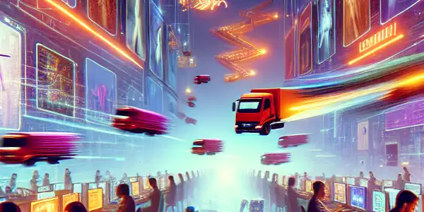 A bustling futuristic marketplace showcasing diverse users accessing adult content through advanced technology and digital delivery systems.