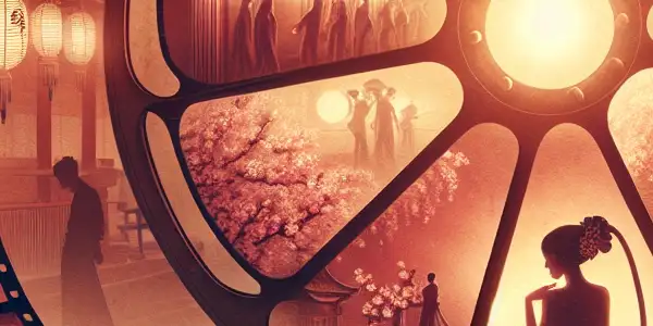A vintage film set featuring elegant figures and cherry blossoms, evoking intimacy and allure in classic Japanese cinema.